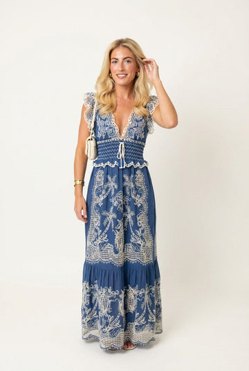 Women's Blue Embroidered Lace Maxi Dress With Smocked Waist Boho Resort Style