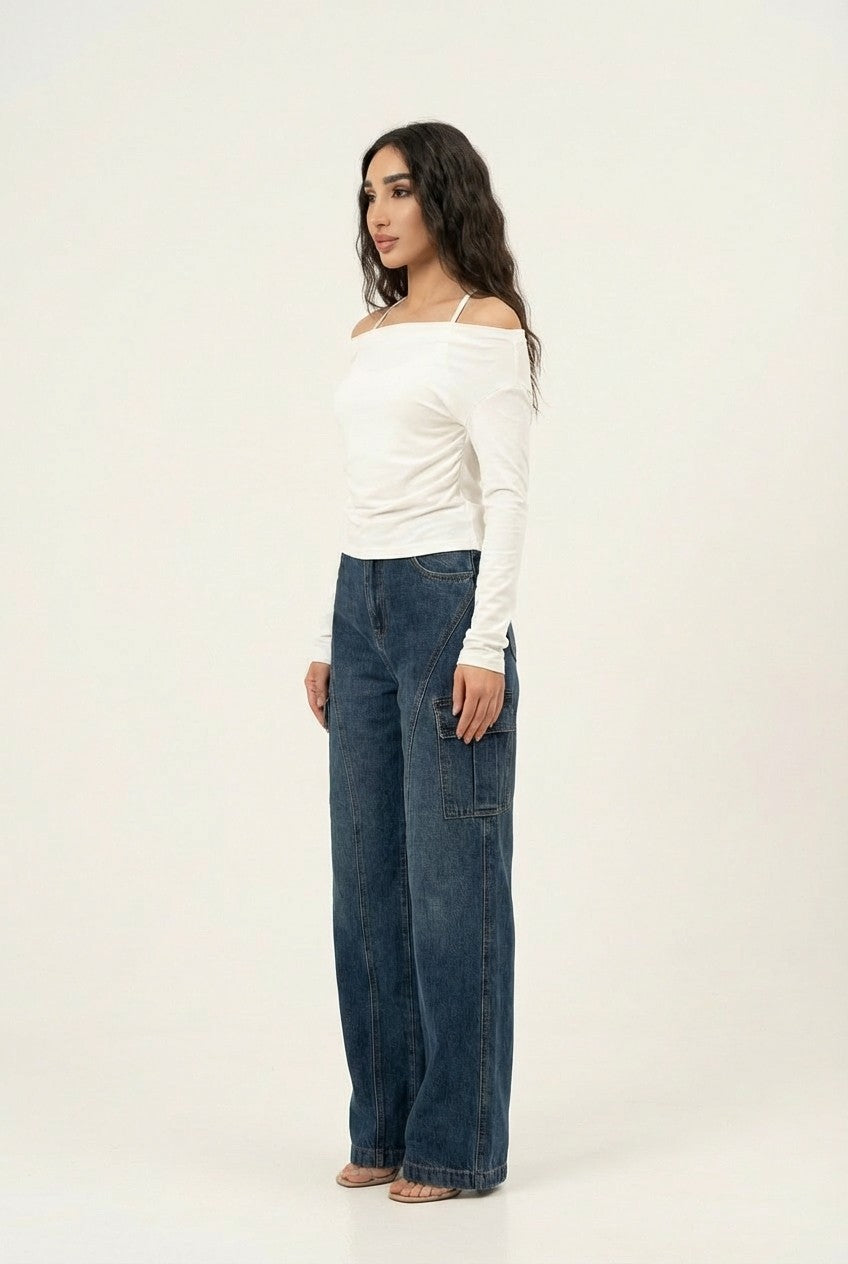 Women's High-Waisted Wide Leg Denim Cargo Jeans, Dark Wash