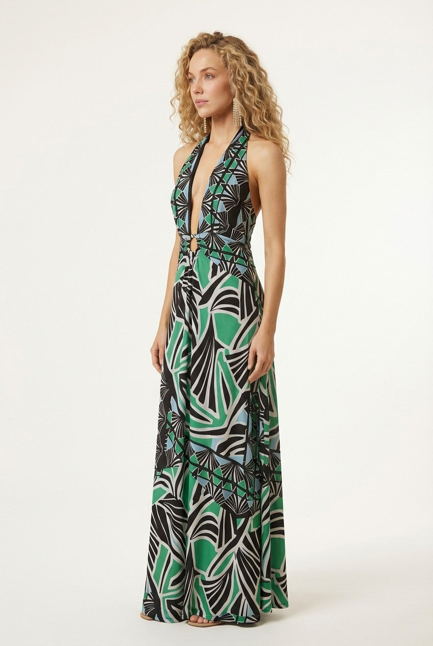 Women's Tropical Geometric Print Halter Plunge Wide Leg Jumpsuit