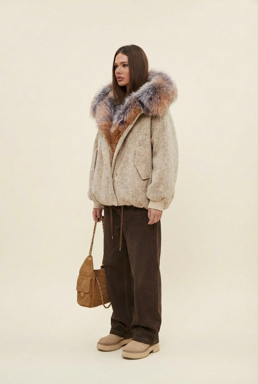 Women's Textured Wool Blend Jacket With Oversized Statement Fur Hood