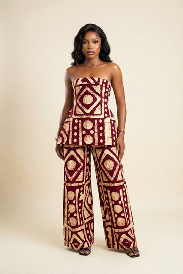 Burgundy Geometric Print Strapless Peplum Top and Wide Leg Pants Set