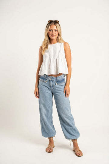 Women's Pleated Cotton Sleeveless Crop Top Flared Summer Blouse
