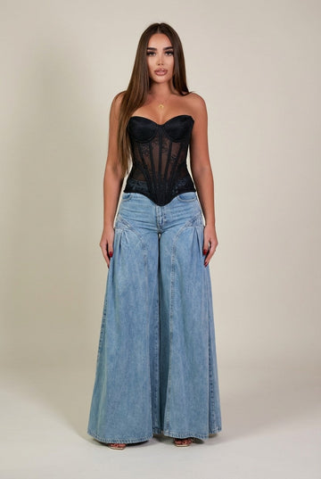 Women's High-Waisted Wide Leg Denim Jeans, Pleated Palazzo Fit