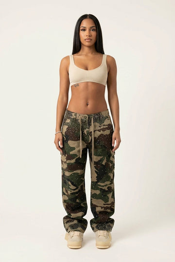 Women's Rhinestone Camo Cargo Pants, Wide Leg Streetwear