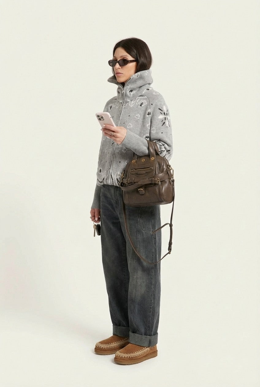 Women's Grey Bandana Jacquard Knit Zip-Up Sweater, High Neck