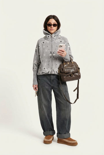 Women's Grey Bandana Jacquard Knit Zip-Up Sweater, High Neck