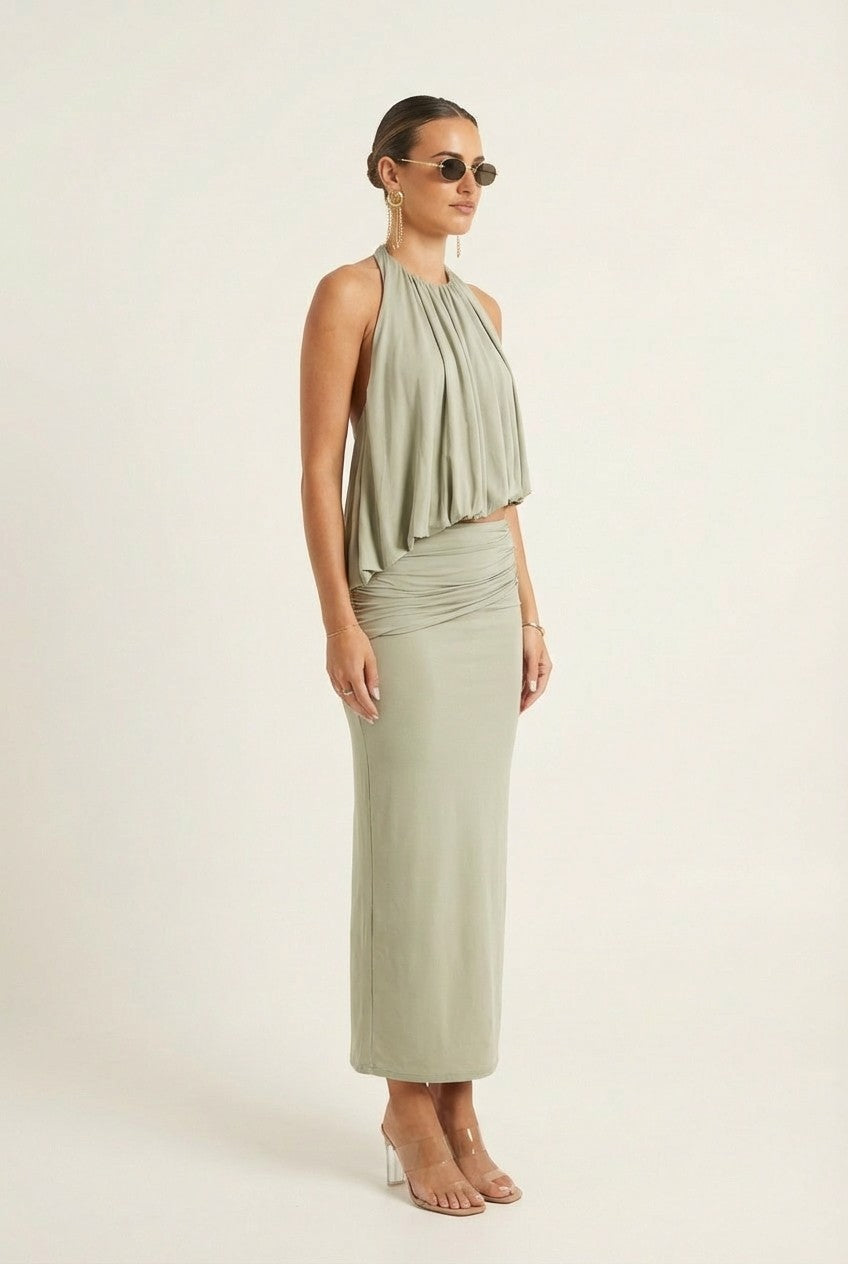 Women's Sage Green Pleated Halter Blouse and Maxi Skirt Set