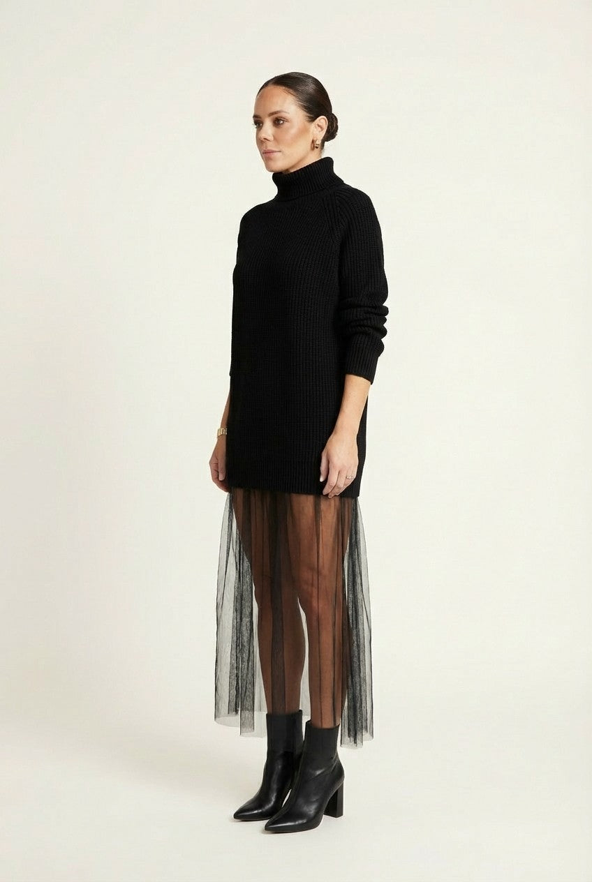 Women's Ribbed Knit Turtleneck Dress With Sheer Tulle Hem