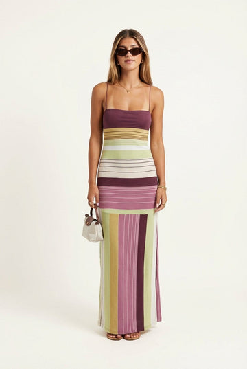 Women's Striped Ribbed Knit Maxi Dress, Square Neck Summer Vacation