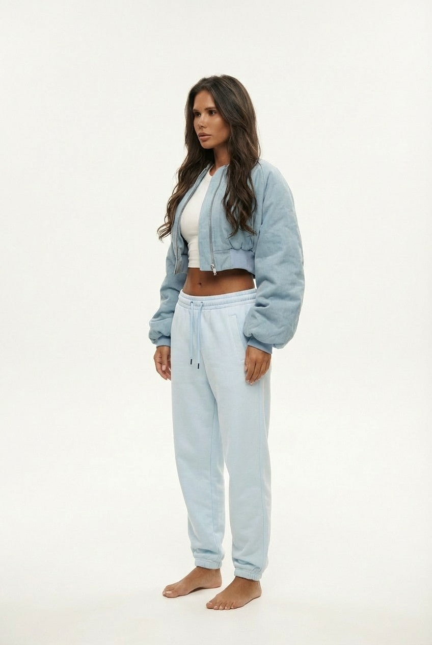 Women's Soft Cropped Bomber Jacket and Joggers Set, Sky Blue