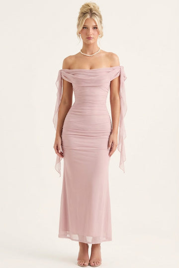 Elegant Blush Ruched Mesh Maxi Dress, Off-Shoulder Evening