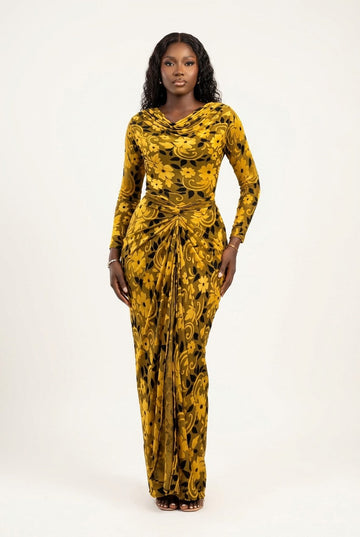 Women's Velvet Floral Maxi Dress with Ruched Knot Front, Evening