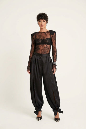 Women's Sheer Lace Blouse and Satin Bow Ankle Pants Two-Piece Set