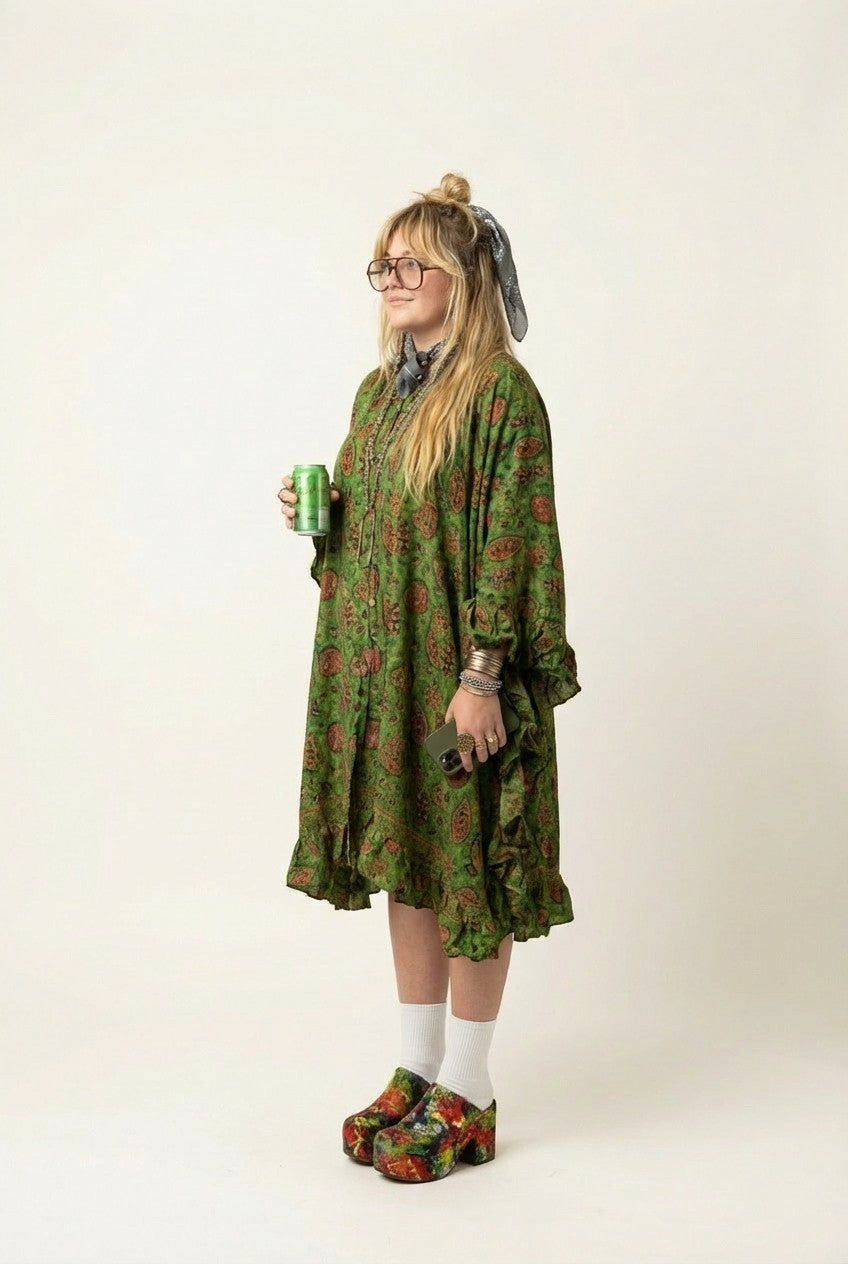Women's Paisley Print Ruffled Kaftan Dress Oversized Boho Style