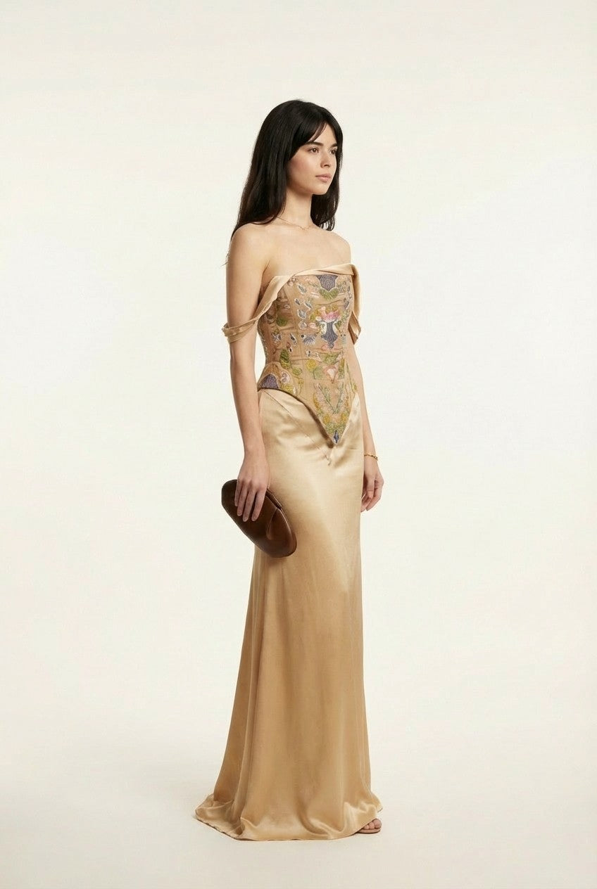 Women's Elegant Floral Embroidered Satin Corset Gown with Draped Sleeves