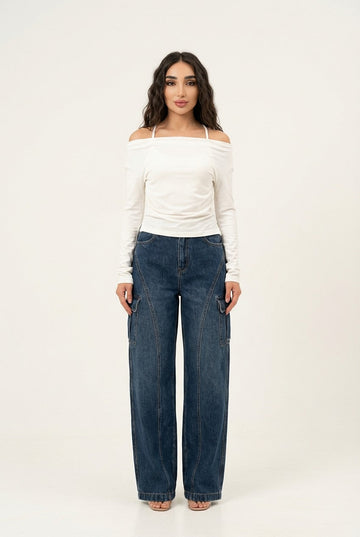 Women's High-Waisted Wide Leg Denim Cargo Jeans, Dark Wash