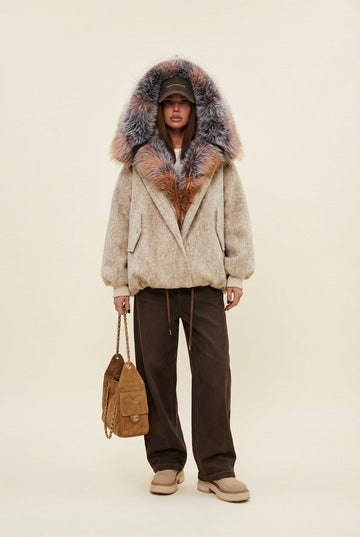 Women's Textured Wool Blend Jacket With Oversized Statement Fur Hood
