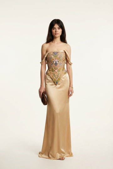 Women's Elegant Floral Embroidered Satin Corset Gown with Draped Sleeves