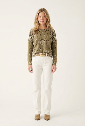 Women's Bandana Print Intarsia Knit Sweater Relaxed Western Vibe