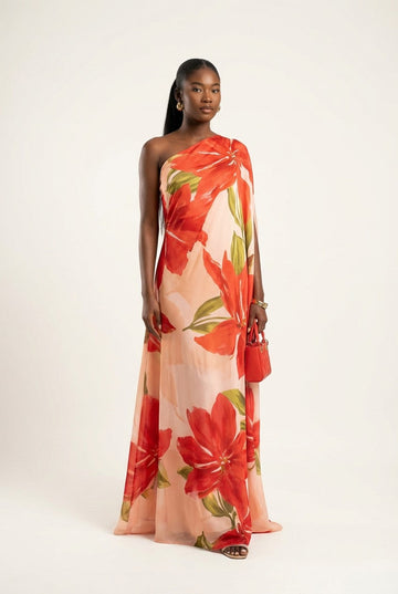 Women's Elegant Floral Chiffon One-Shoulder Maxi Dress, Flowing Evening Gown