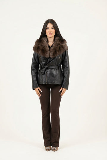 Women's Pebbled Leather Belted Jacket with Faux Fur Trim Collar