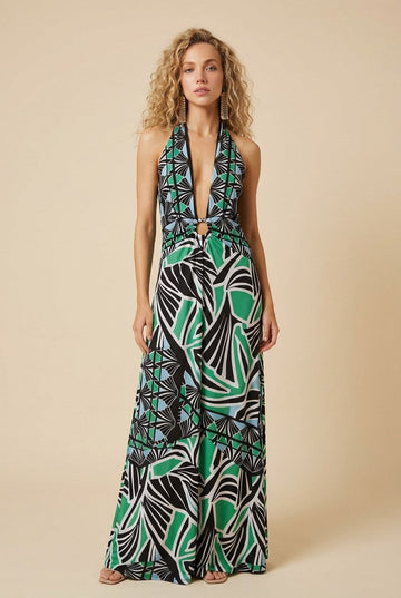 Women's Tropical Geometric Print Halter Plunge Wide Leg Jumpsuit
