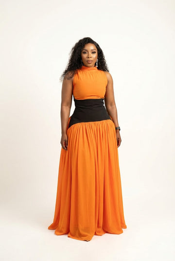 Women's High Neck Chiffon Maxi Dress with Contrasting Waist Panel
