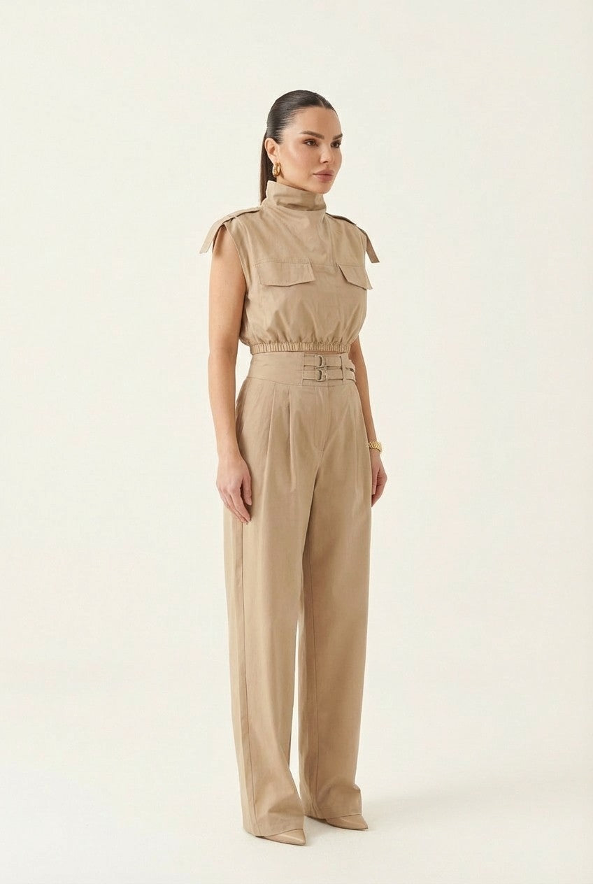 Women's Utility Cotton Cropped Top and Wide Leg Trousers Set Minimalist