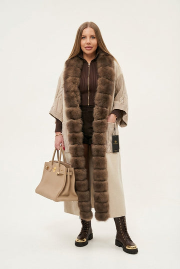 Women's Luxury Fur Trim Long Knit Cardigan Oversized Winter Wrap