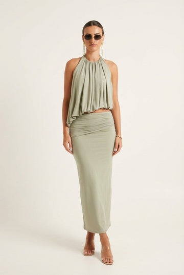 Women's Sage Green Pleated Halter Blouse and Maxi Skirt Set