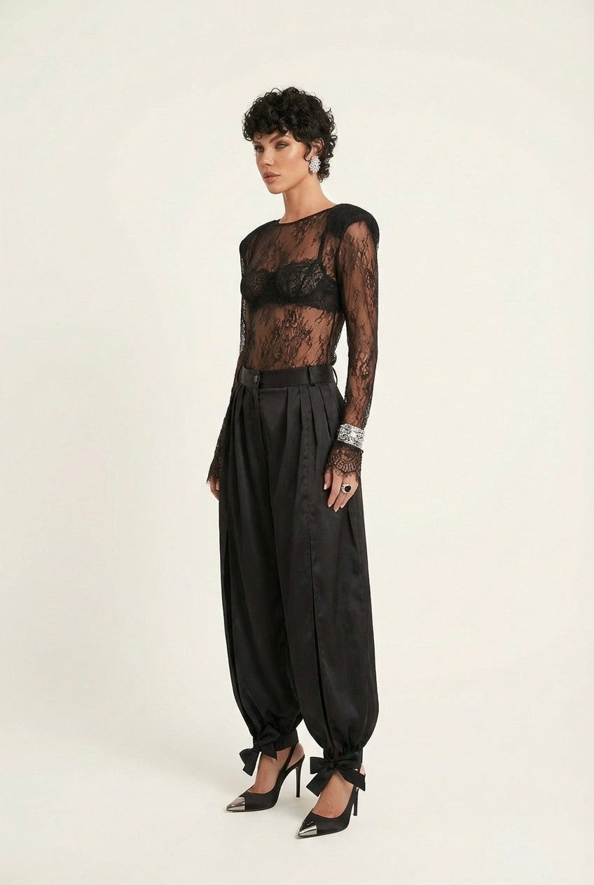 Women's Sheer Lace Blouse and Satin Bow Ankle Pants Two-Piece Set