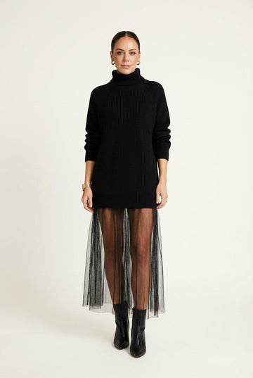 Women's Ribbed Knit Turtleneck Dress With Sheer Tulle Hem