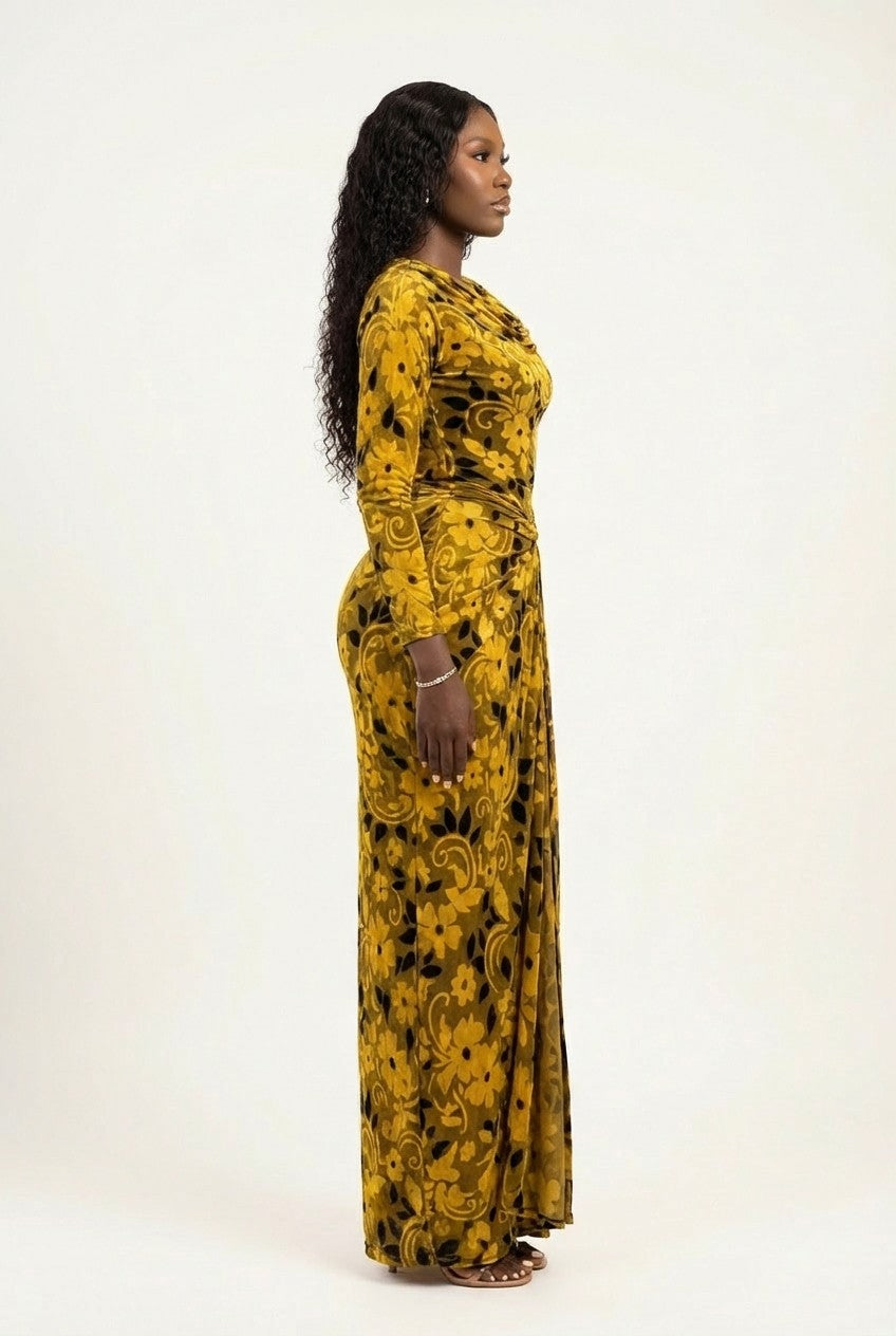 Women's Velvet Floral Maxi Dress with Ruched Knot Front, Evening