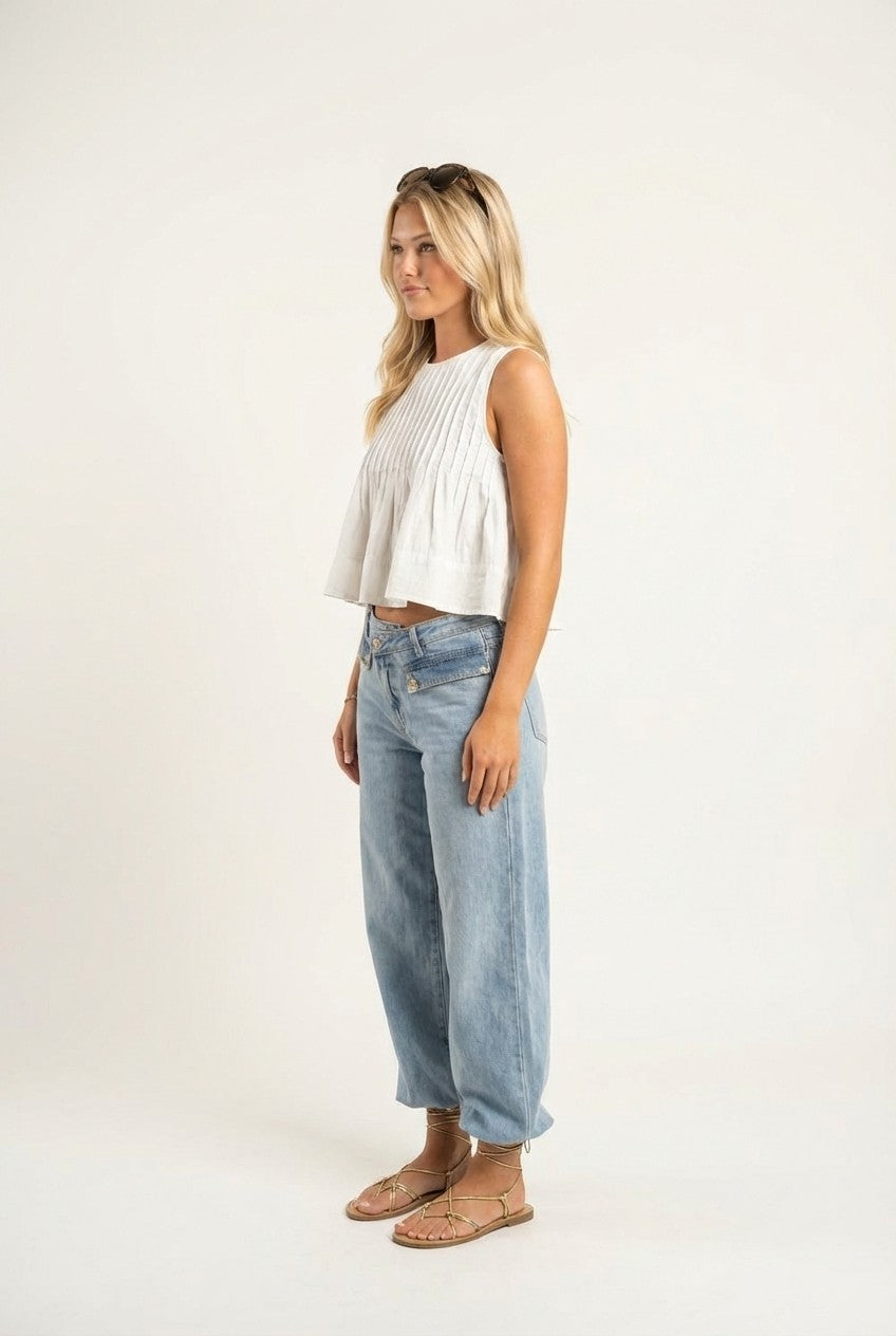 Women's Pleated Cotton Sleeveless Crop Top Flared Summer Blouse