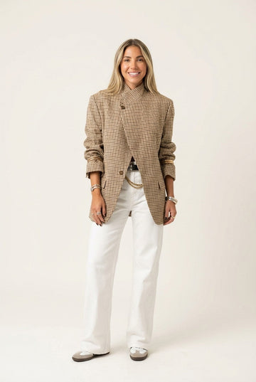 Women's Checkered Asymmetric Wrap Blazer, High Neck Cross-Over Style