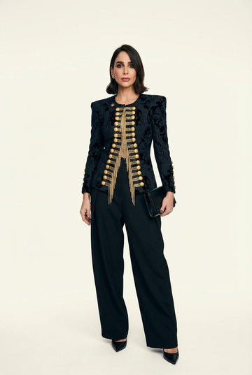 Women's Structured Black Jacquard Military Jacket with Gold Chains