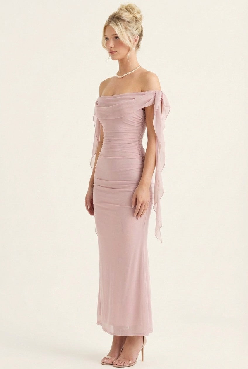 Elegant Blush Ruched Mesh Maxi Dress, Off-Shoulder Evening